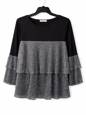 Tiered Ruffle Long-Sleeve Top in Black and Gray by